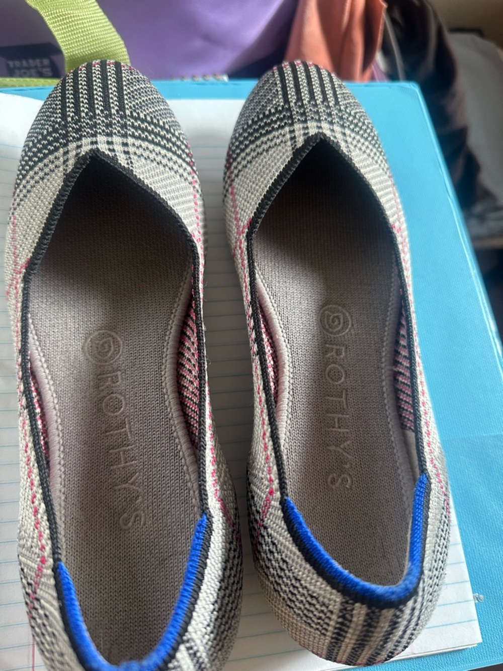 Rothy's Black & Cream Plaid Pointed Ballet Flats with Pink Accents